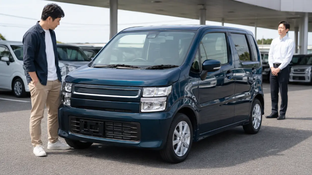 中古の軽ワゴンを販売店で確認する様子