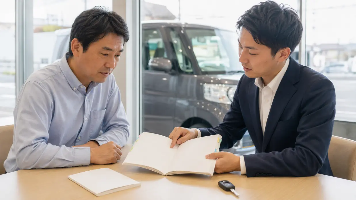 中古軽ワゴンの整備記録を販売店で確認する男性