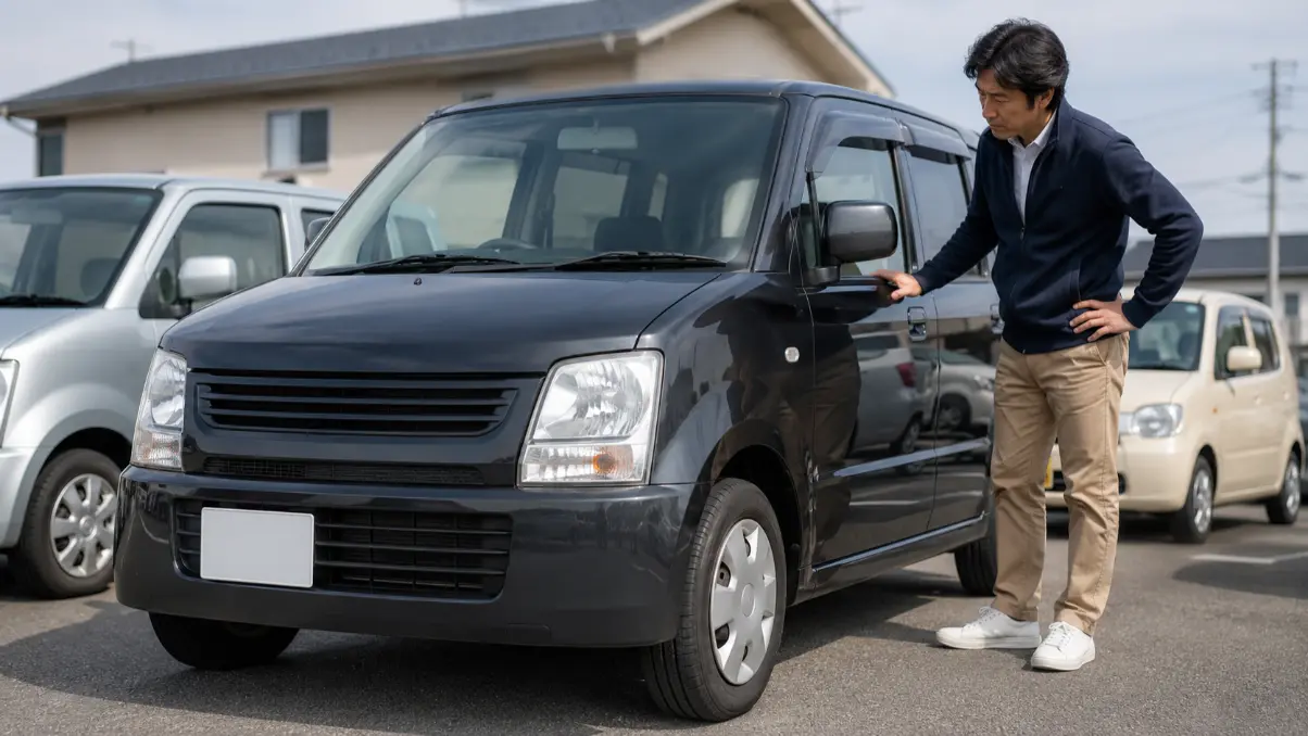 中古ワゴンRの外装状態を購入前に確認する日本人男性