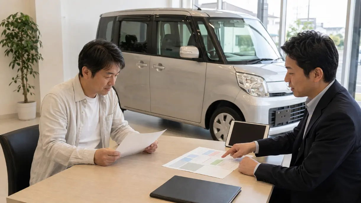 中古の軽ワゴン車を前に支払総額の見積もりを販売員と確認する男性