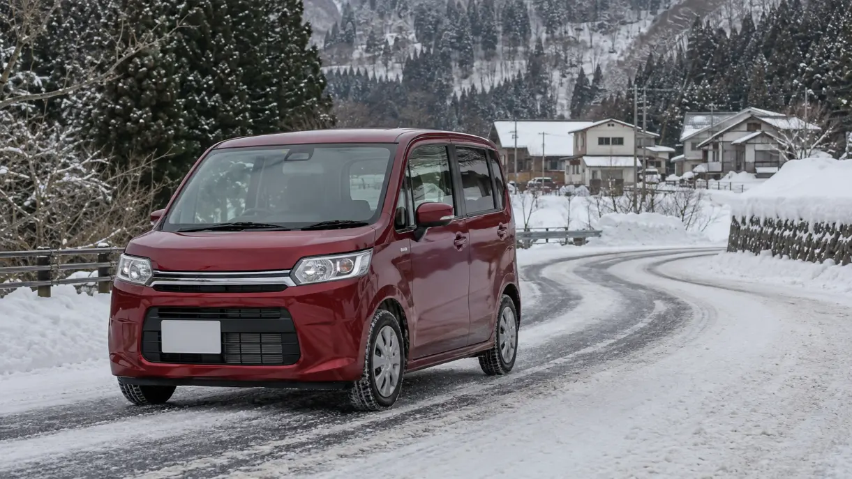 ワゴンRの4WD選びをイメージした、雪道を左側通行で走る赤い軽ワゴン