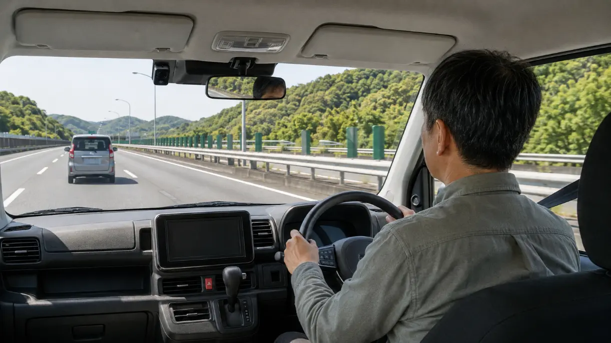 右ハンドルの軽ワゴンで高速道路を左側通行し、安全な車間距離を保つ日本人男性