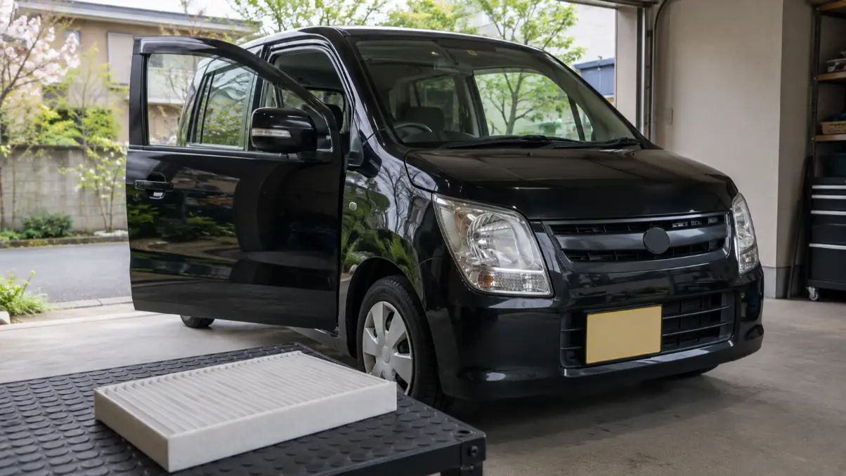 黒いワゴンR MH23S風の軽トールワゴンと新品のエアコンフィルター