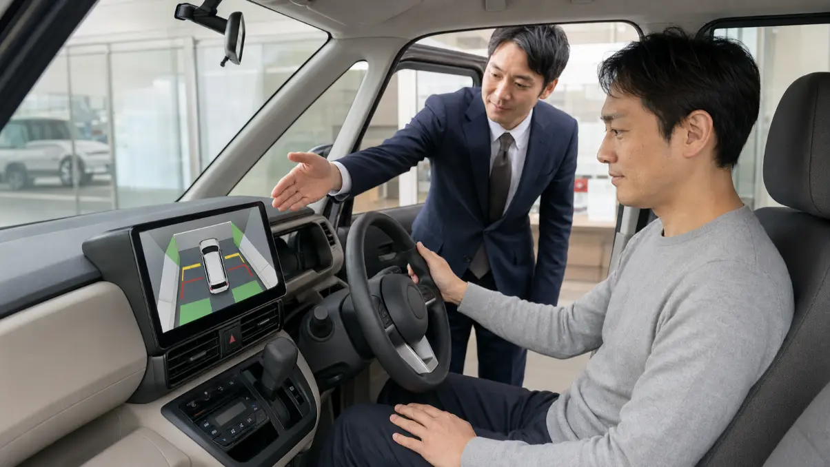 ワゴンRの全方位モニターを車内で確認する日本人男性