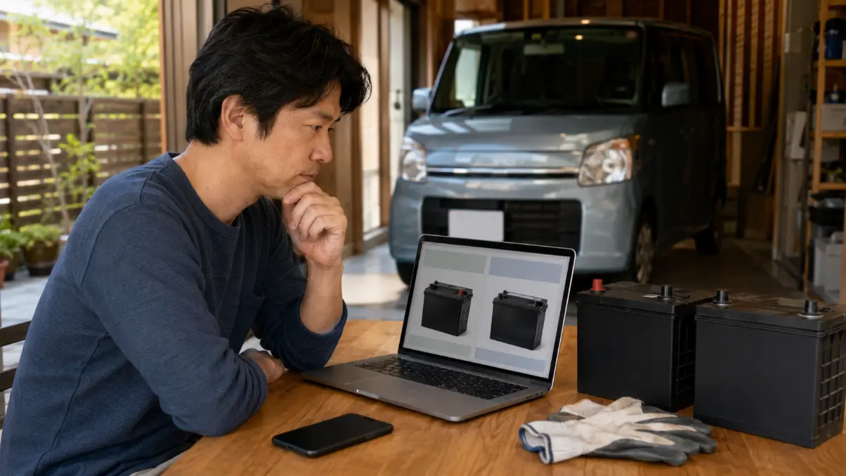 ワゴンR用バッテリーをパソコンで比較する日本人男性