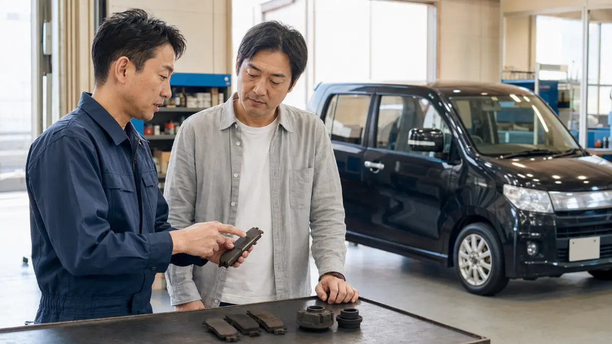 ワゴンRのブレーキ部品を見ながら交換理由を説明する日本人整備士