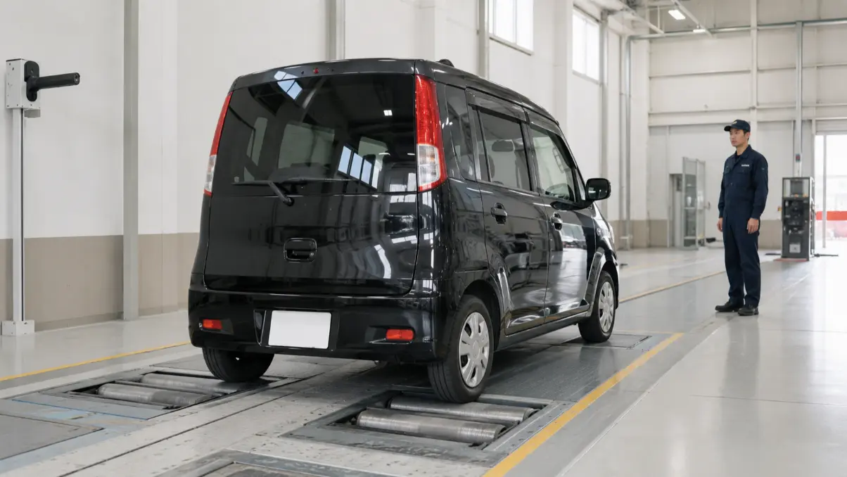 車検場の検査ローラーでブレーキ性能を確認する黒いワゴンR