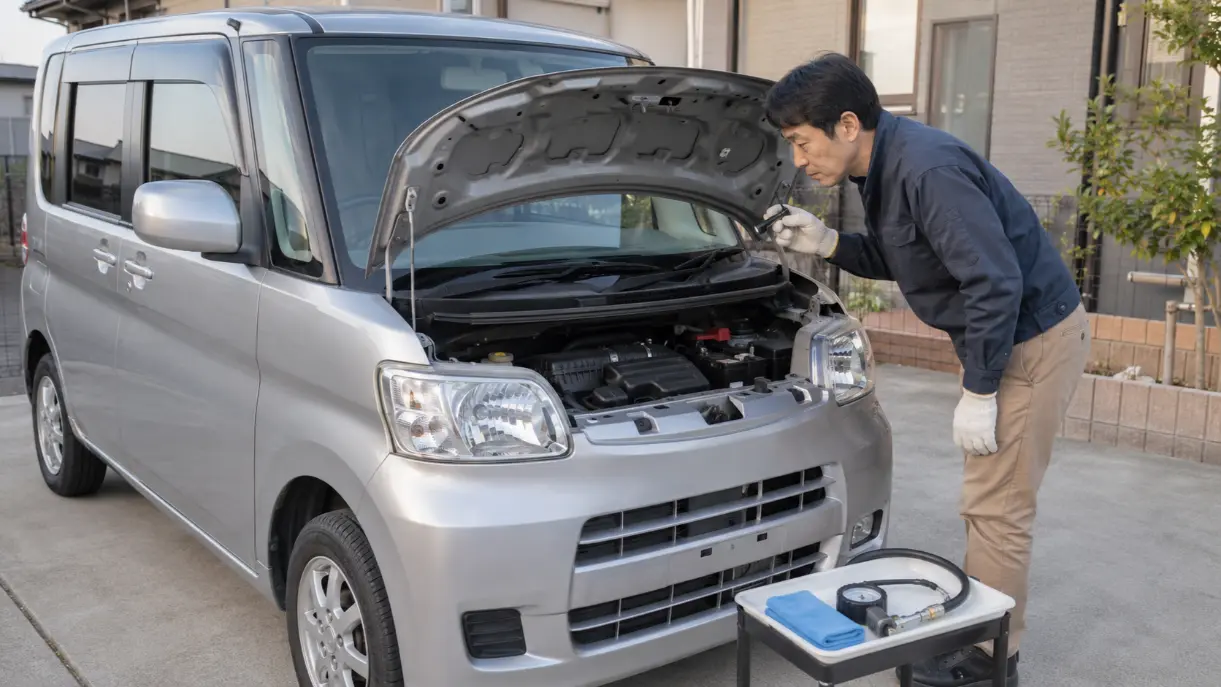 自宅の駐車場で軽ワゴンのエンジンルームを日常点検する男性