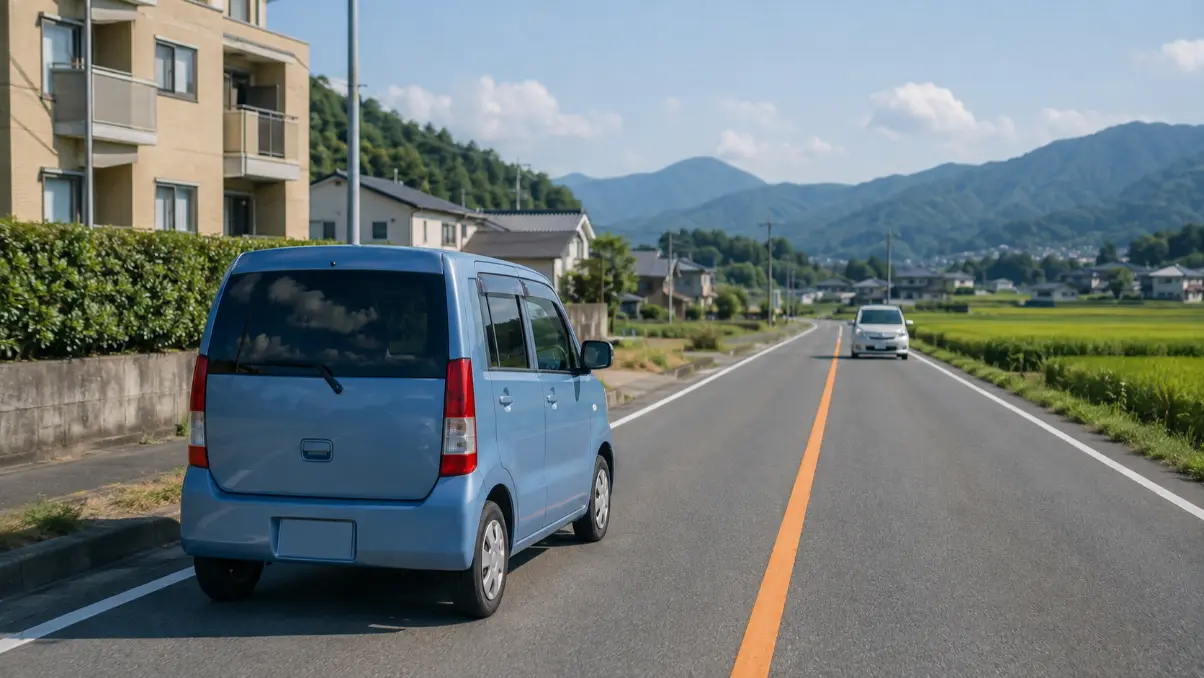 市街地から郊外へ左側通行で走るワゴンRの燃費イメージ