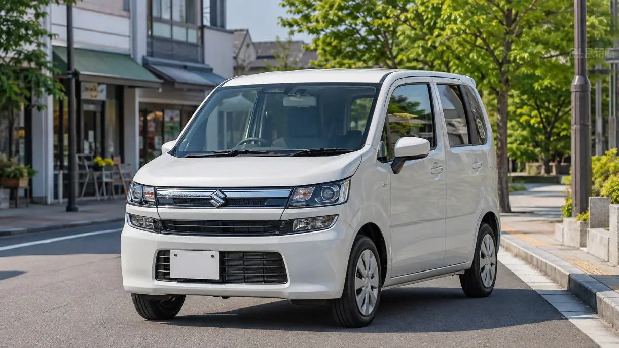 日本の街中に停車する白いワゴンR