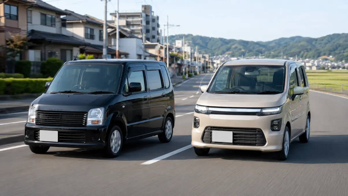 旧型と現行型の軽ワゴンが左側通行の道路を走る燃費比較イメージ