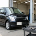 整備工場を背景にした黒いワゴンRとブレーキパッドなどの交換部品