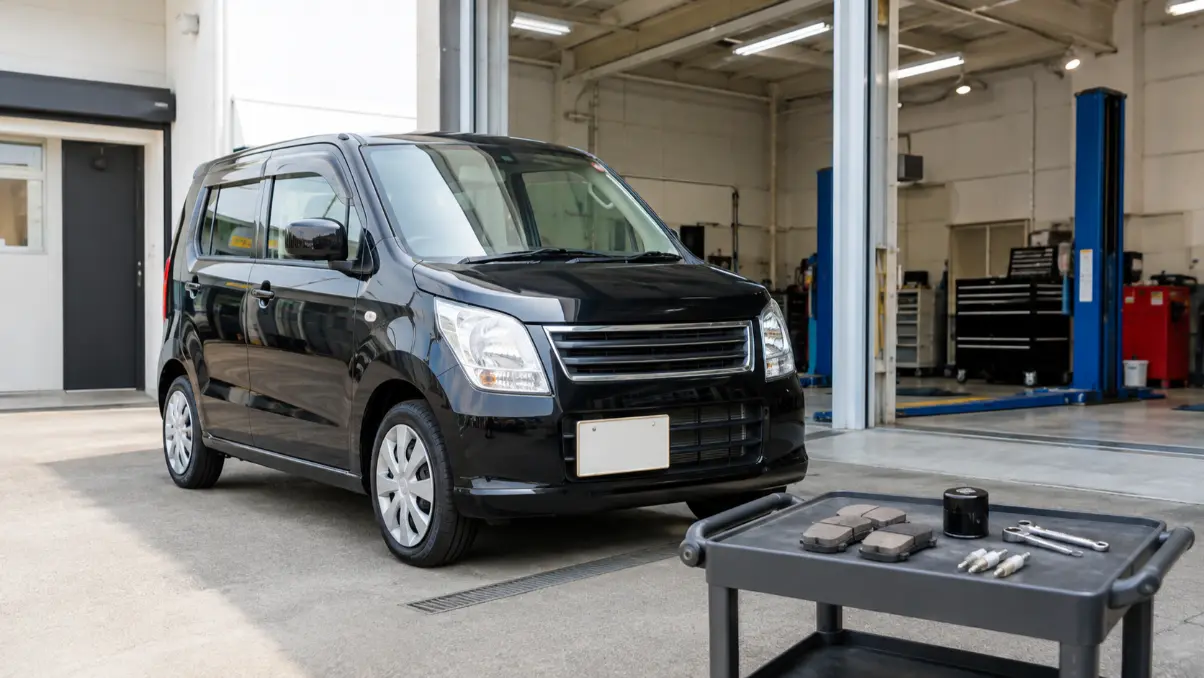 整備工場を背景にした黒いワゴンRとブレーキパッドなどの交換部品