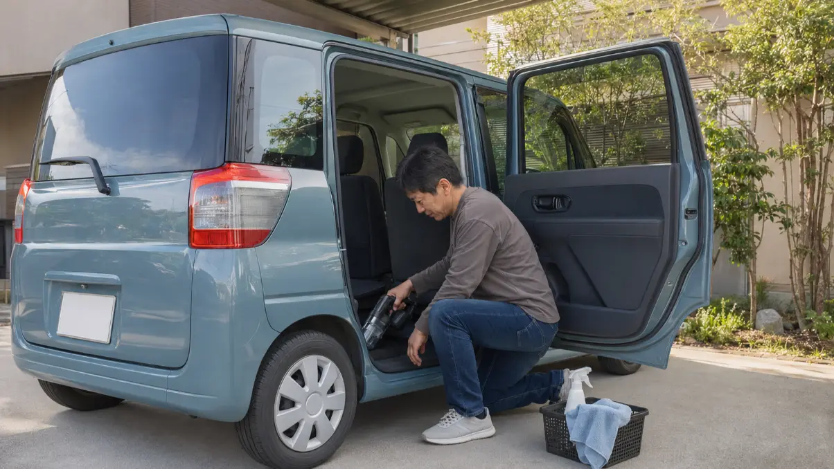 査定前にワゴンRに近い軽ワゴンの車内を掃除する日本人男性