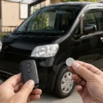 黒いワゴンRを背景にスマートキーと交換用ボタン電池を持つ手元