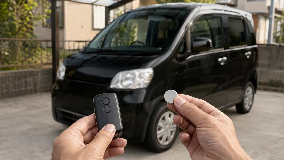 黒いワゴンRを背景にスマートキーと交換用ボタン電池を持つ手元