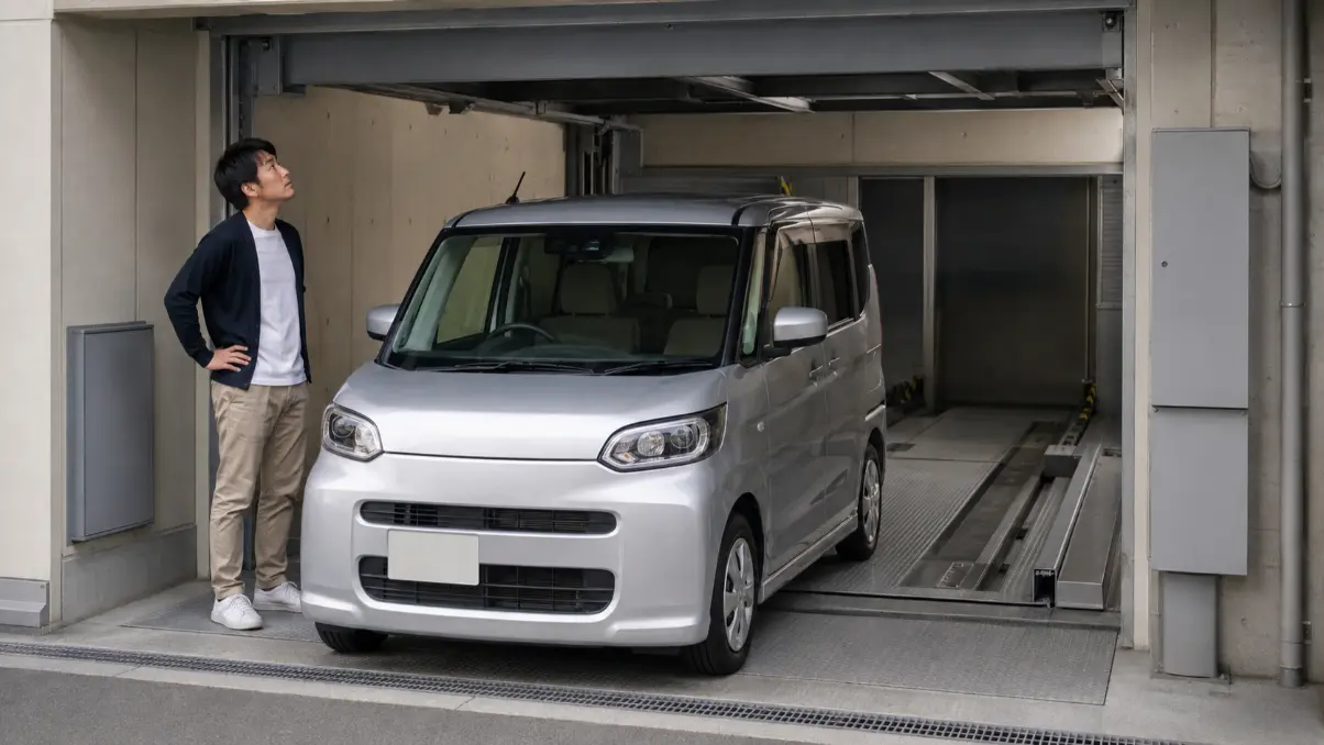 機械式駐車場で軽トールワゴンの全高と上部の余裕を確認する日本人男性