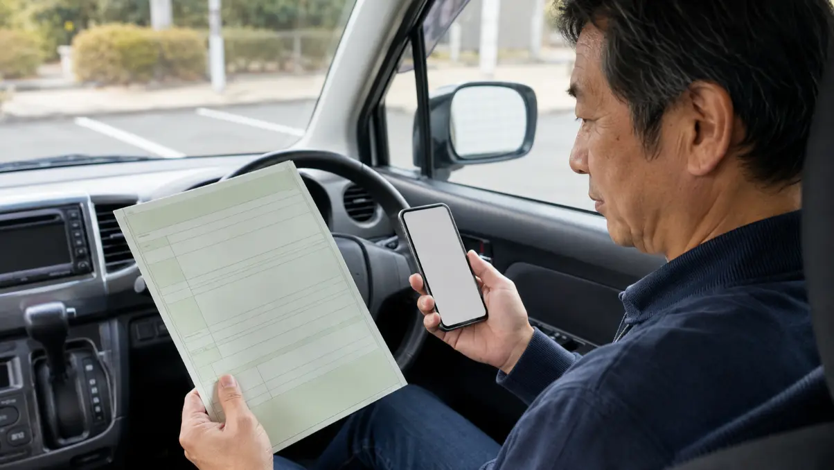 車検証とスマートフォンでワゴンRの型式を確認する日本人男性