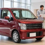 販売店で新車ワゴンRの見積もりを確認する日本人男性