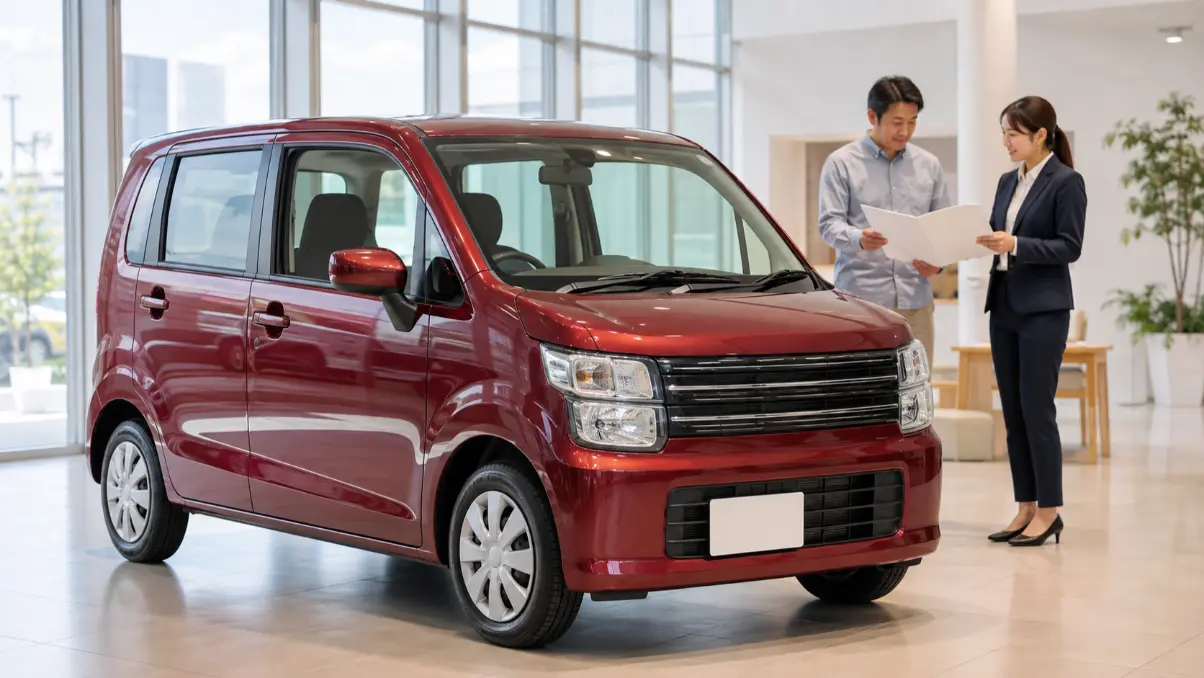 販売店で新車ワゴンRの見積もりを確認する日本人男性
