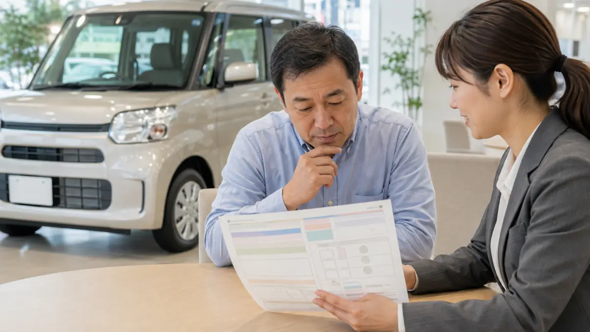 販売店でワゴンRの新車見積もりを確認する日本人男性
