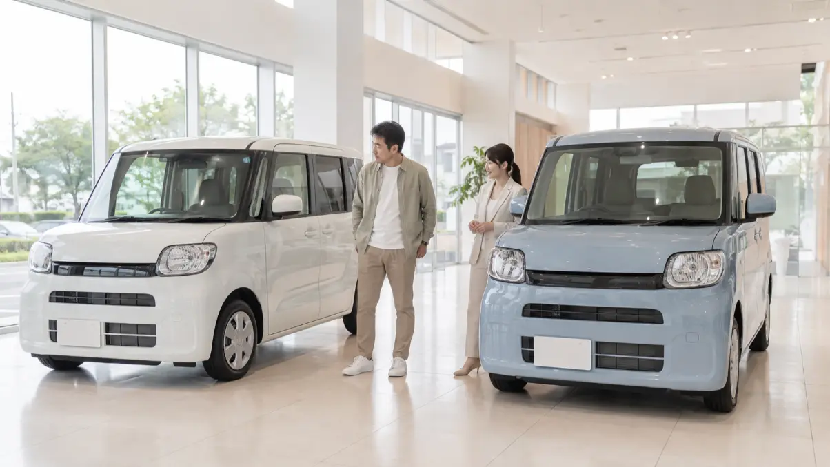 ワゴンRの新車と届出済未使用車を比較する日本人男性のイメージ