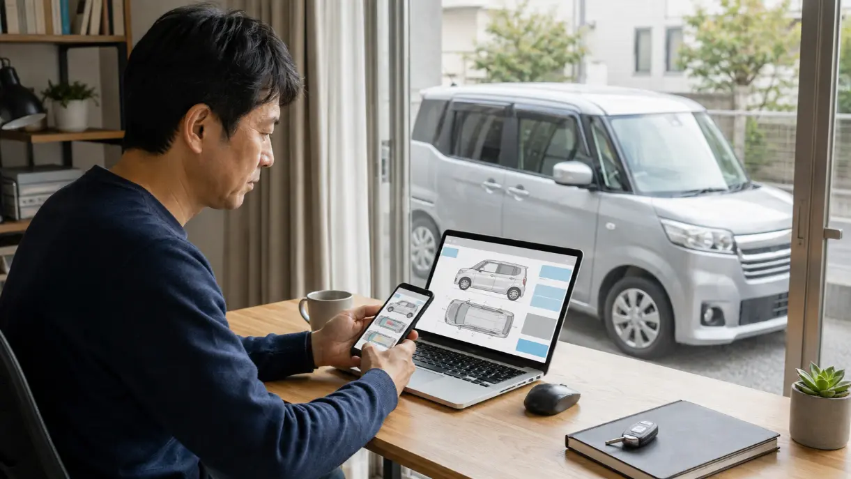 自宅でワゴンRの公式情報をパソコンとスマートフォンで調べる男性