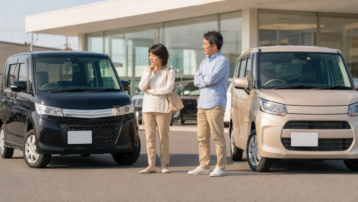 旧型と新型のワゴンRを販売店で比較する日本人夫婦