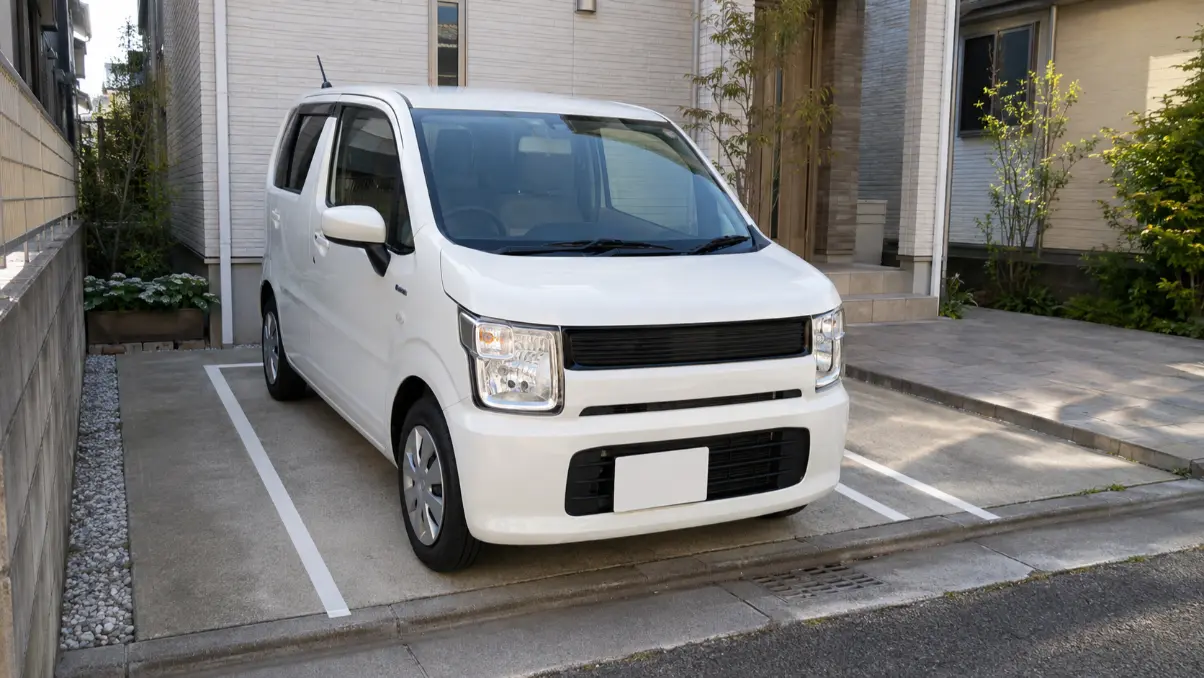 住宅の駐車場に収まるワゴンRを想定した白い軽トールワゴン