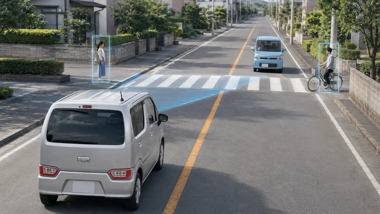 日本の左側通行の道路で歩行者と自転車を検知するワゴンRの安全装備イメージ