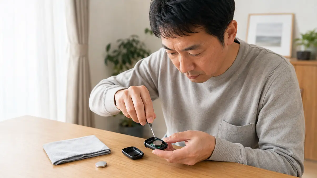 自宅でワゴンRのスマートキーのボタン電池を交換する日本人男性