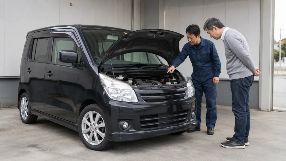 中古ワゴンRスティングレーのエンジンルームを確認する日本人購入者と整備士