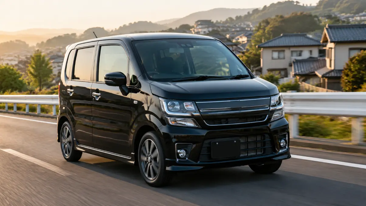 朝の坂道を左側通行で走る黒いワゴンRスティングレー中古車のイメージ