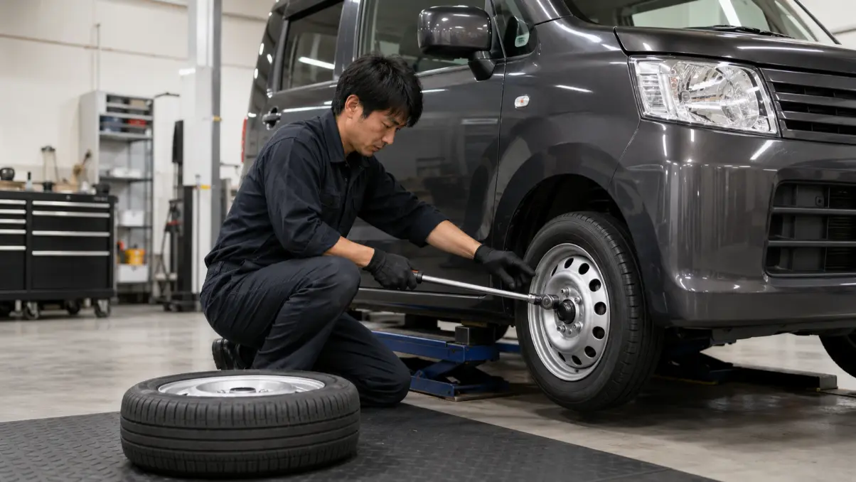 整備工場でワゴンRのタイヤを取り付ける日本人整備士
