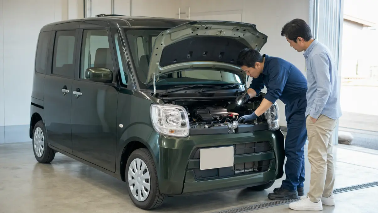 ワゴンR未使用車のエンジンルームを購入前に点検する整備士のイメージ