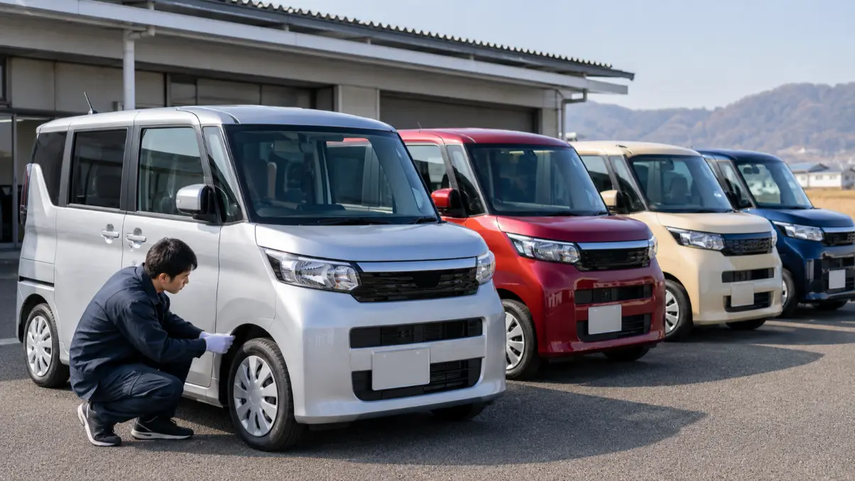 販売店の在庫ヤードに並ぶワゴンR届出済未使用車のイメージ