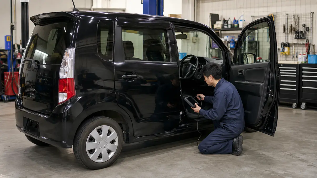 診断機をワゴンRに接続して警告灯の原因を調べる日本人整備士