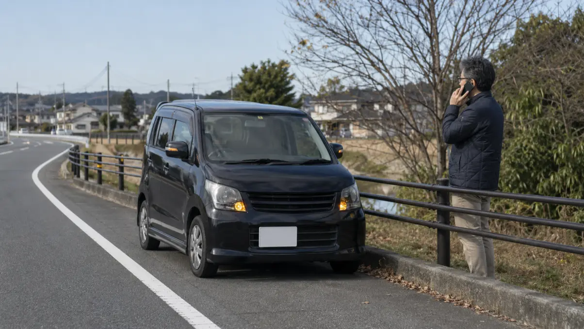 警告灯点灯後に安全な場所へ停止し電話で連絡するワゴンRの運転者