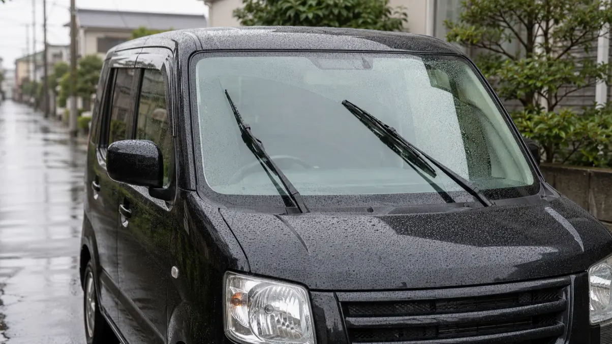 雨の中でフロントワイパーを作動させる黒いワゴンR
