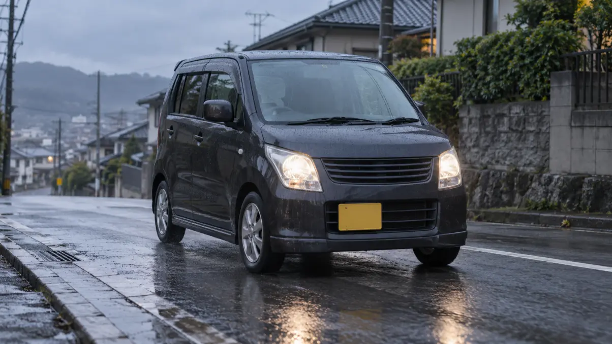 雨上がりの朝に濡れた住宅街を発進する黒いワゴンR
