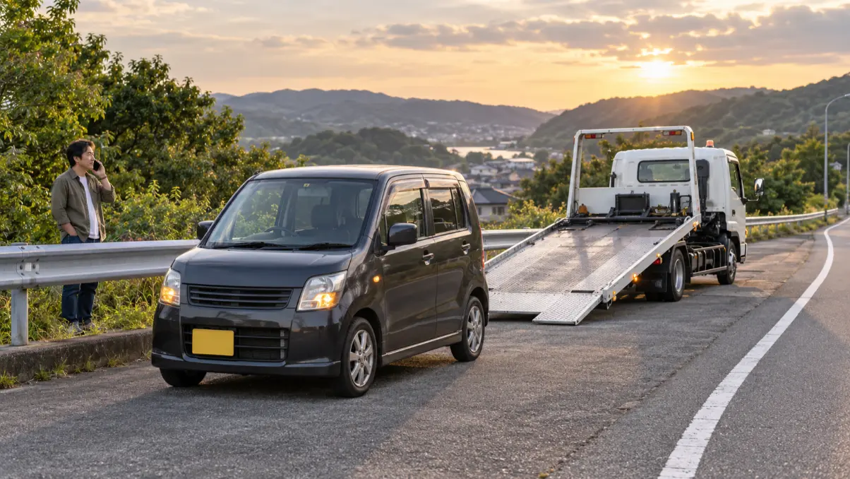 路肩に安全に停車した黒いワゴンRと搬送準備中の積載車
