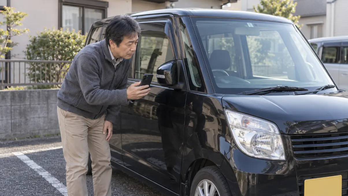 運転席側ドアミラーの異音をスマホで記録する黒いワゴンR MH23Sの所有者