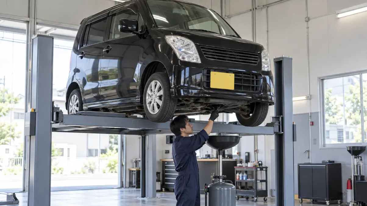 整備工場のリフトでオイル交換を受ける黒いワゴンR MH23S